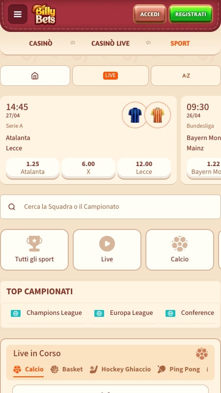 Interfaccia per le scommesse sportive di BillyBets