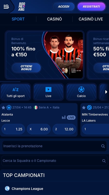 Interfaccia per le scommesse sportive di Boomerang Bet