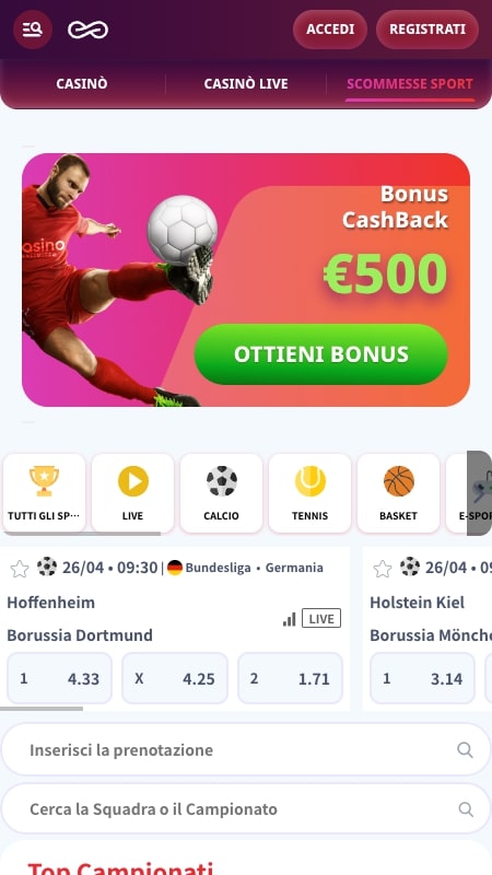 Interfaccia per le scommesse sportive di Casinò Infinity