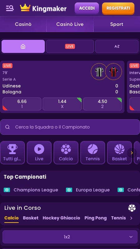 Interfaccia per le scommesse sportive di Kingmaker