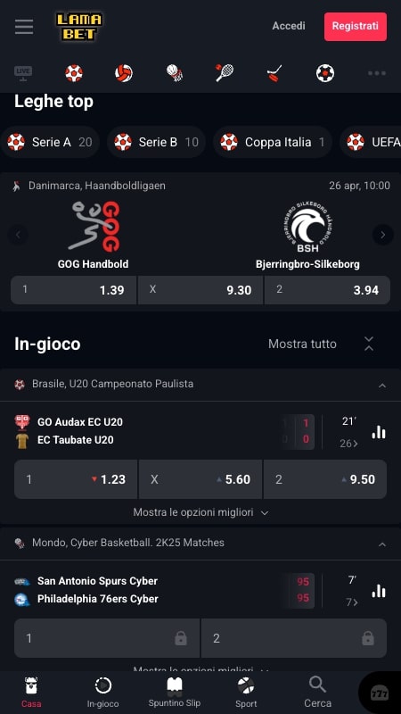 Interfaccia per le scommesse sportive di Lamabet