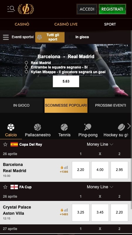 Interfaccia per le scommesse sportive di Legiano