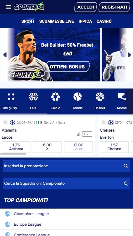 Interfaccia per le scommesse sportive di Sportaza