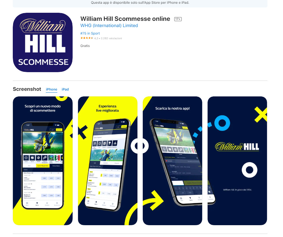 William Hill iOS, scommesseonline.tv