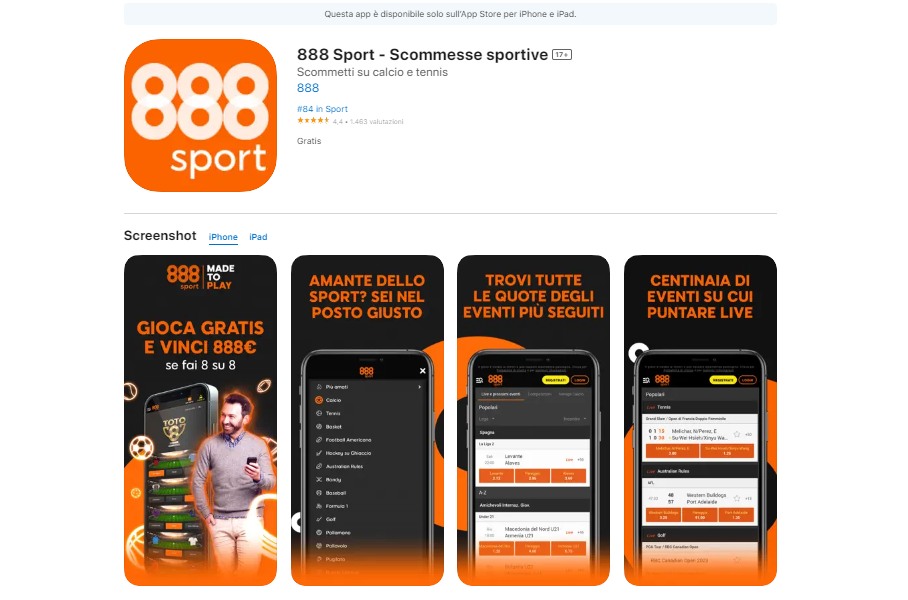 888Sport mobile app, scommesseonline.tv