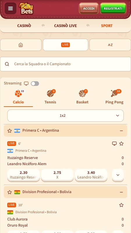 Interfaccia scommesse live di BillyBets