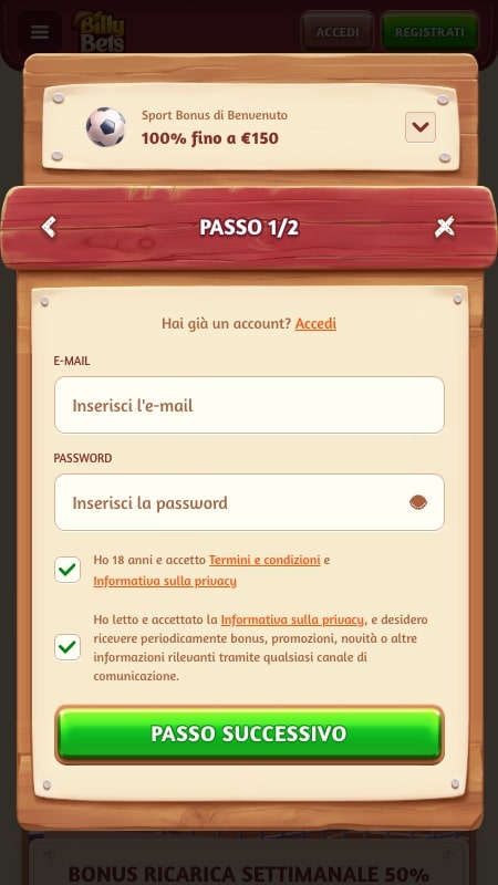 Procedura di registrazione su BillyBets: Inserisci le tue informazioni personali