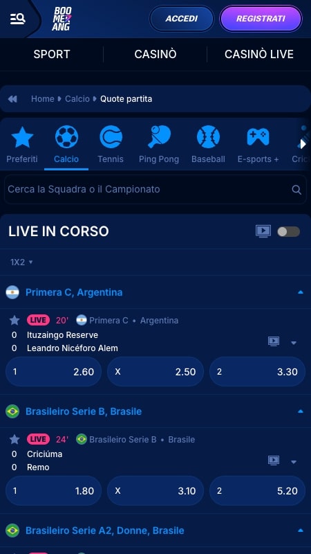 Interfaccia scommesse live di Boomerang Bet