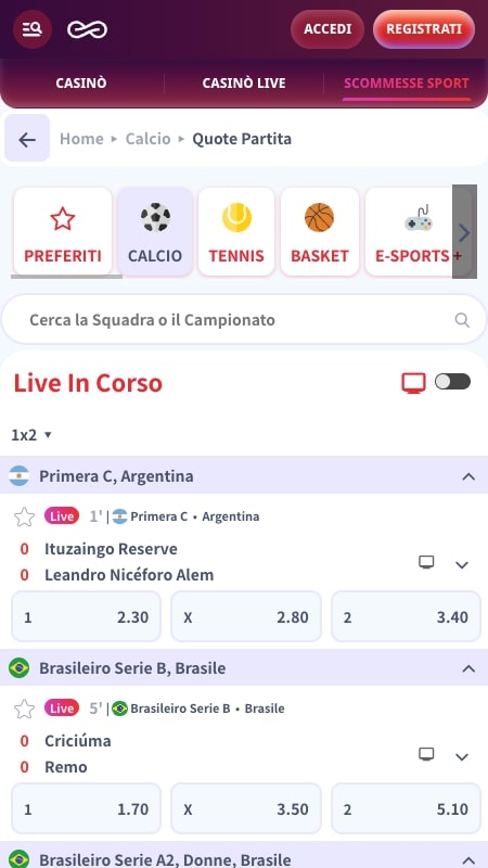 Interfaccia scommesse live di Casinò Infinity