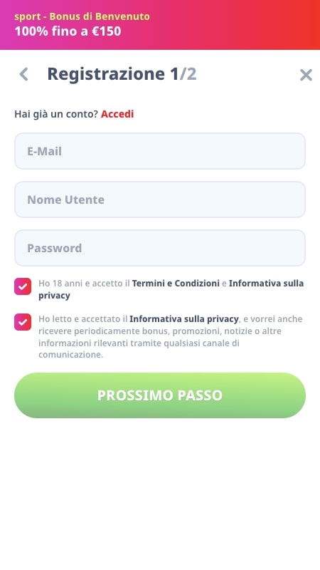 Procedura di registrazione su Casinò Infinity: Inserisci le tue informazioni personali