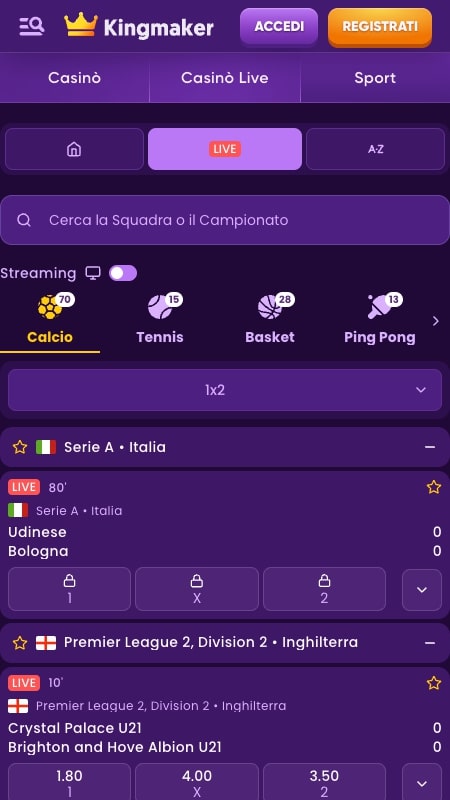 Interfaccia scommesse live di Kingmaker