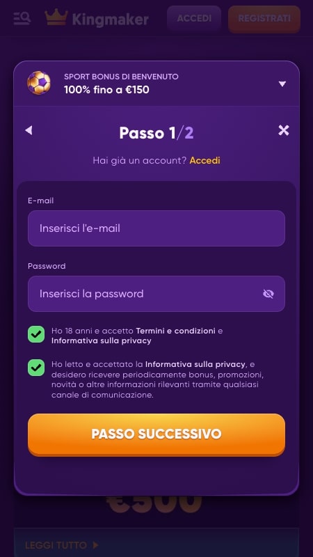 Procedura di registrazione su Kingmaker: Inserisci le tue informazioni personali