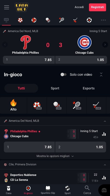 Interfaccia scommesse live di Lamabet