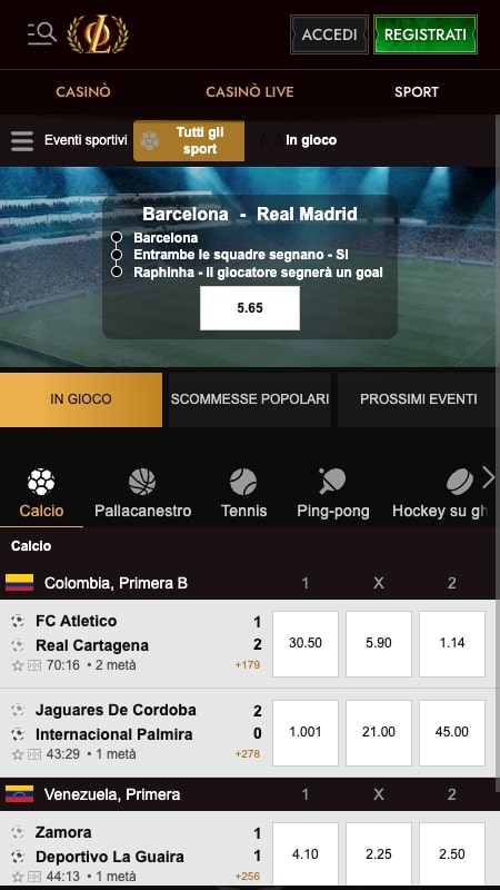 Interfaccia scommesse live di Legiano