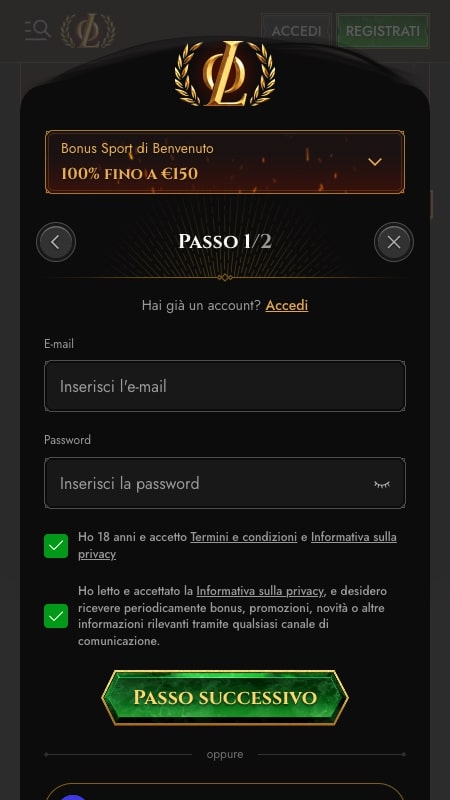 Procedura di registrazione su Legiano: Inserisci le tue informazioni personali