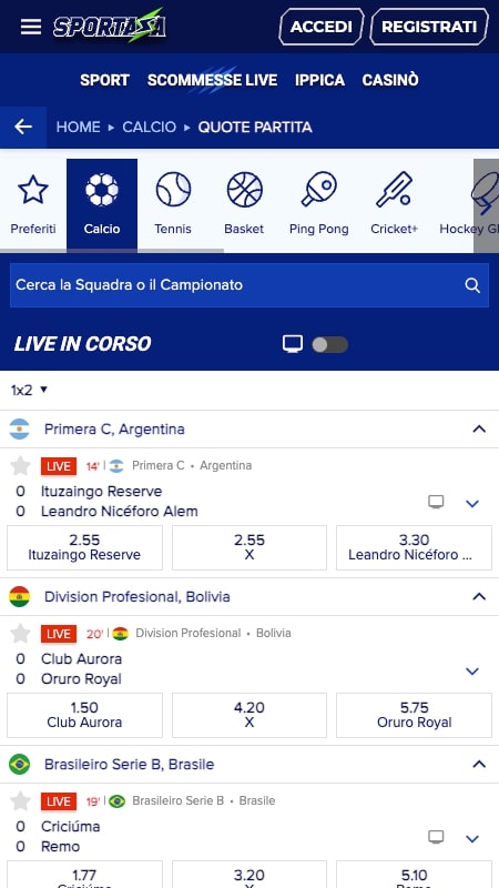 Interfaccia scommesse live di Sportaza