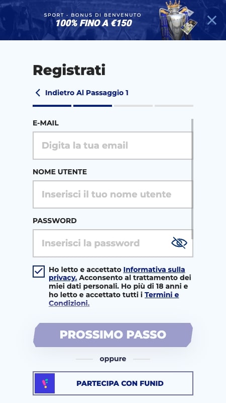 Procedura di registrazione su Sportaza: Inserisci le tue informazioni personali